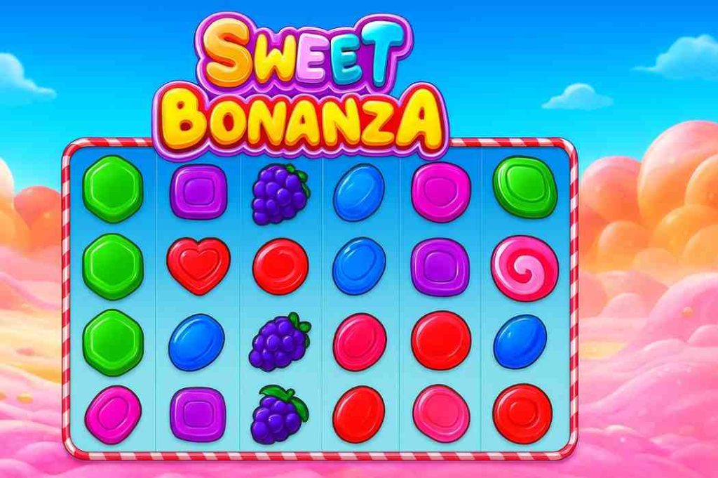 Sweet Bonanza com doces coloridos e multiplicadores ativos